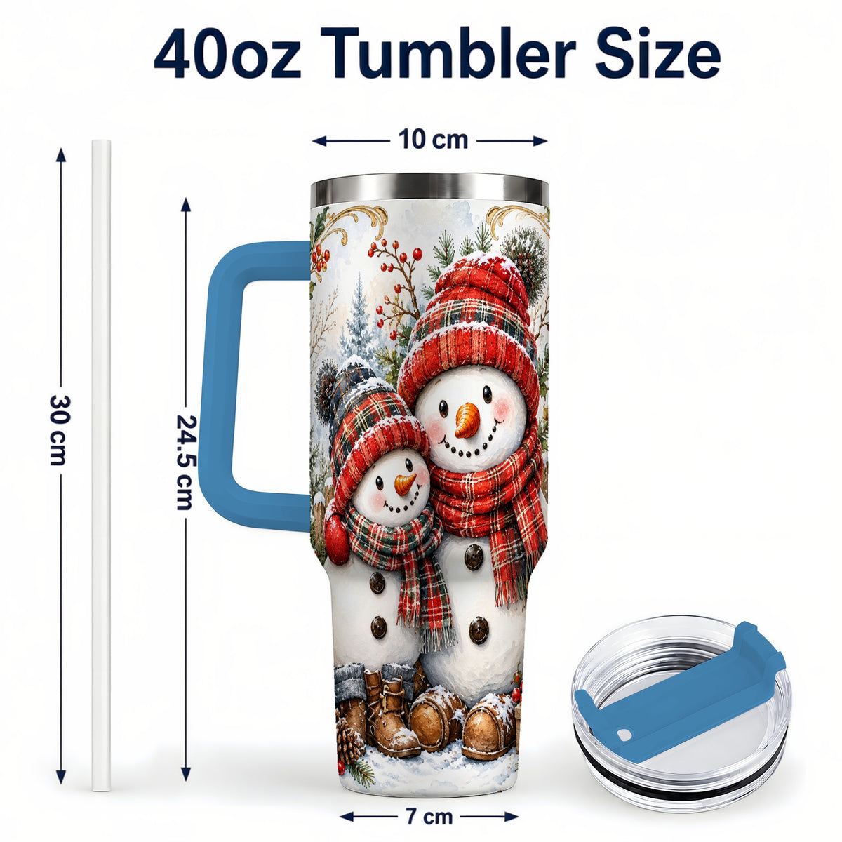#pl[40oz|Blue] Snowman Family 40oz Tumbler, Rustic Winter Stainless Steel Travel Cup