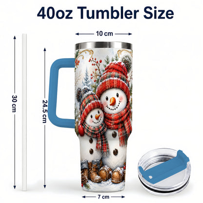 #pl[40oz|Blue] Snowman Family 40oz Tumbler, Rustic Winter Stainless Steel Travel Cup