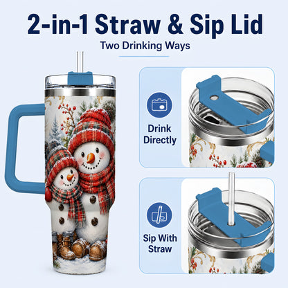 #pl[40oz|Blue] Snowman Family 40oz Tumbler, Rustic Winter Stainless Steel Travel Cup