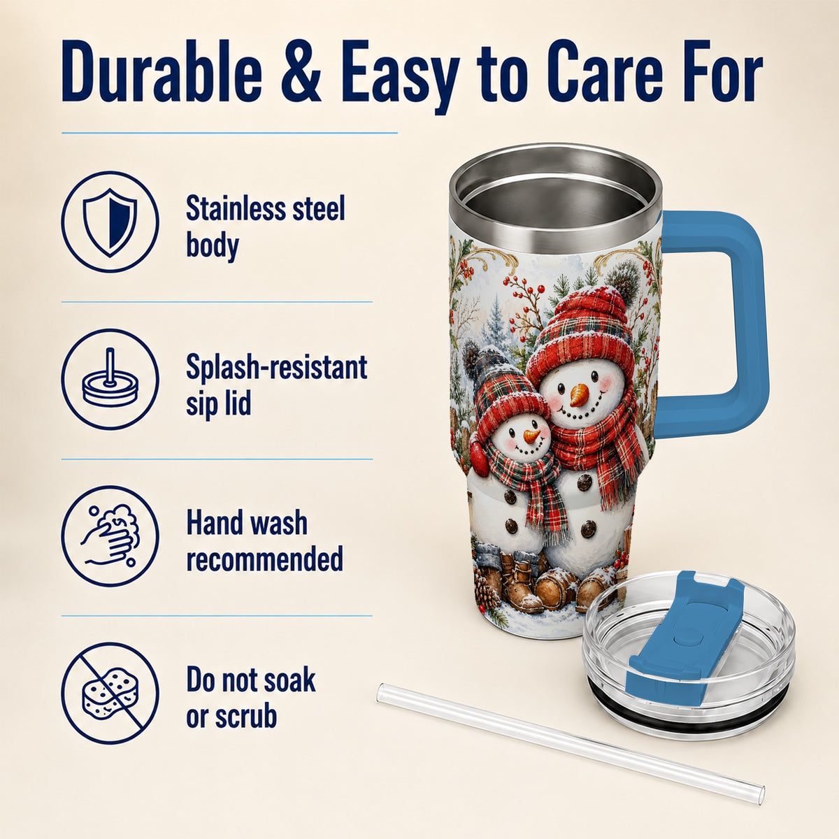#pl[40oz|Blue] Snowman Family 40oz Tumbler, Rustic Winter Stainless Steel Travel Cup