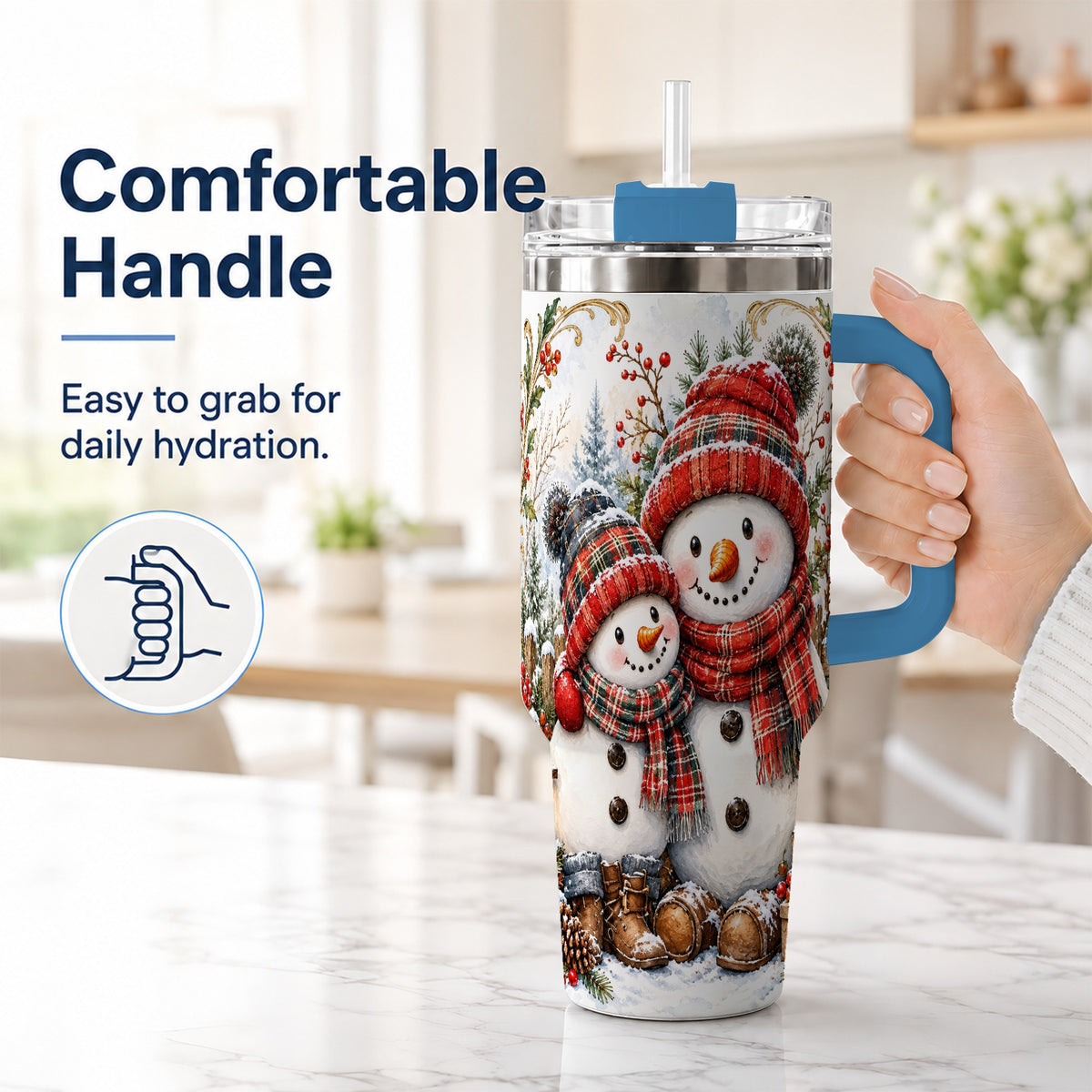 #pl[40oz|Blue] Snowman Family 40oz Tumbler, Rustic Winter Stainless Steel Travel Cup