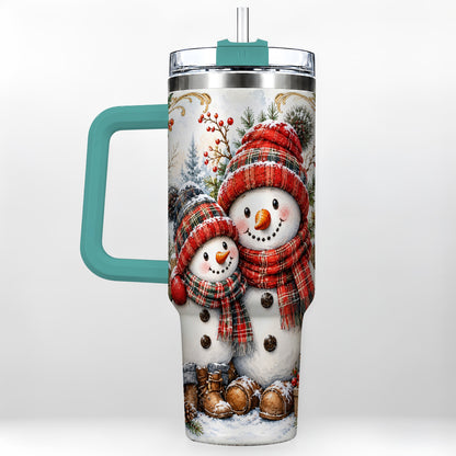#pl[40oz|Green] Snowman Family 40oz Tumbler, Rustic Winter Stainless Steel Travel Cup
