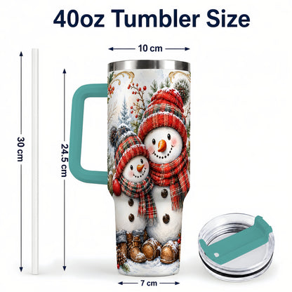 #pl[40oz|Green] Snowman Family 40oz Tumbler, Rustic Winter Stainless Steel Travel Cup