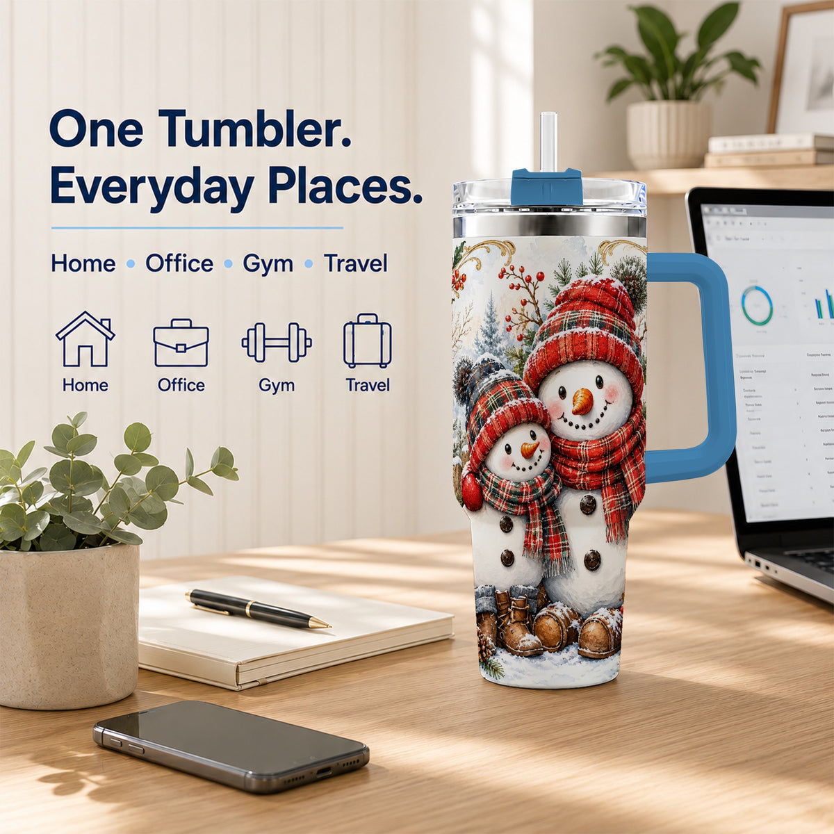 #pl[40oz|Blue] Snowman Family 40oz Tumbler, Rustic Winter Stainless Steel Travel Cup