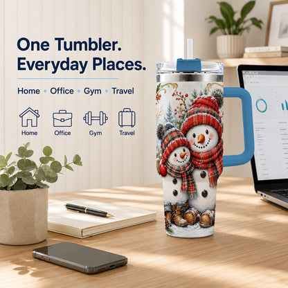 #pl[40oz|Blue] Snowman Family 40oz Tumbler, Rustic Winter Stainless Steel Travel Cup