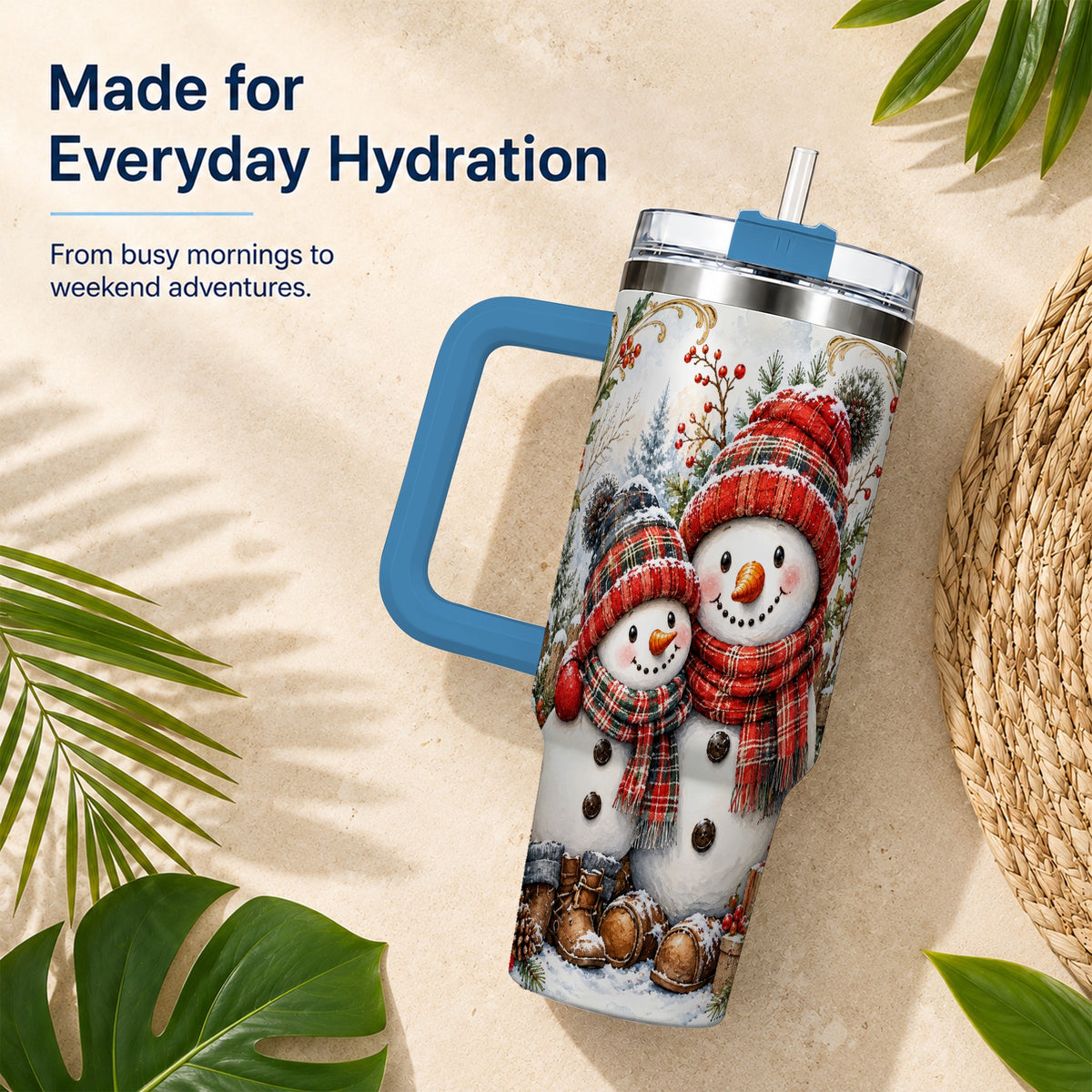 #pl[40oz|Blue] Snowman Family 40oz Tumbler, Rustic Winter Stainless Steel Travel Cup