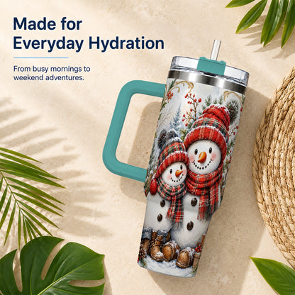#pl[40oz|Green] Snowman Family 40oz Tumbler, Rustic Winter Stainless Steel Travel Cup