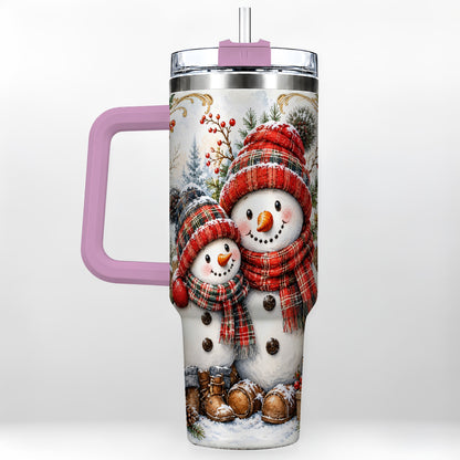 #pl[40oz|Pink] Snowman Family 40oz Tumbler, Rustic Winter Stainless Steel Travel Cup