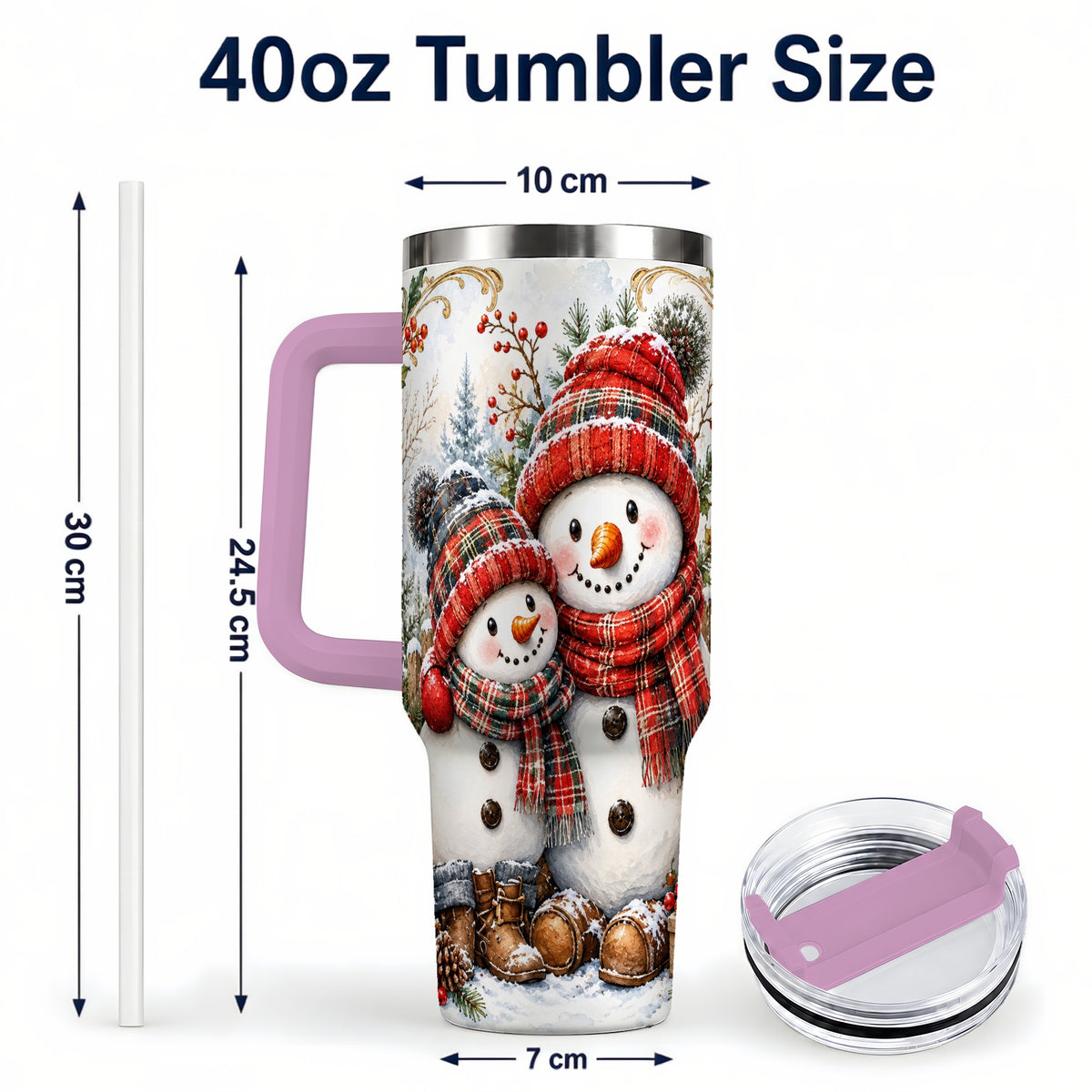 #pl[40oz|Pink] Snowman Family 40oz Tumbler, Rustic Winter Stainless Steel Travel Cup