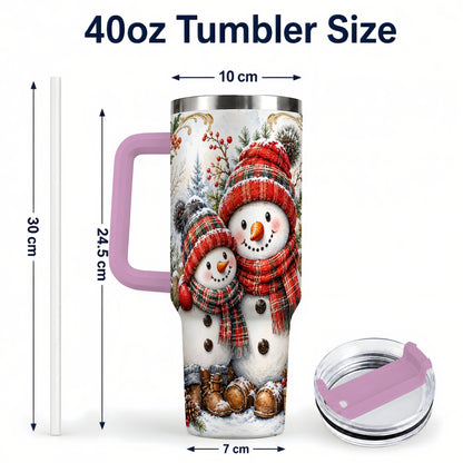 #pl[40oz|Pink] Snowman Family 40oz Tumbler, Rustic Winter Stainless Steel Travel Cup