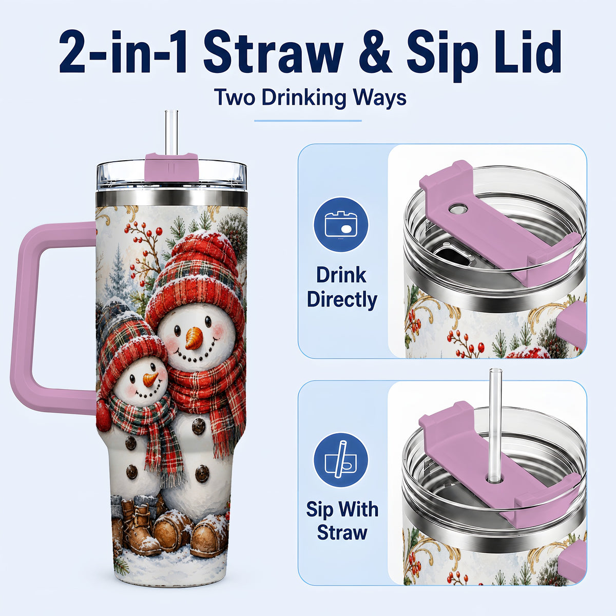 #pl[40oz|Pink] Snowman Family 40oz Tumbler, Rustic Winter Stainless Steel Travel Cup