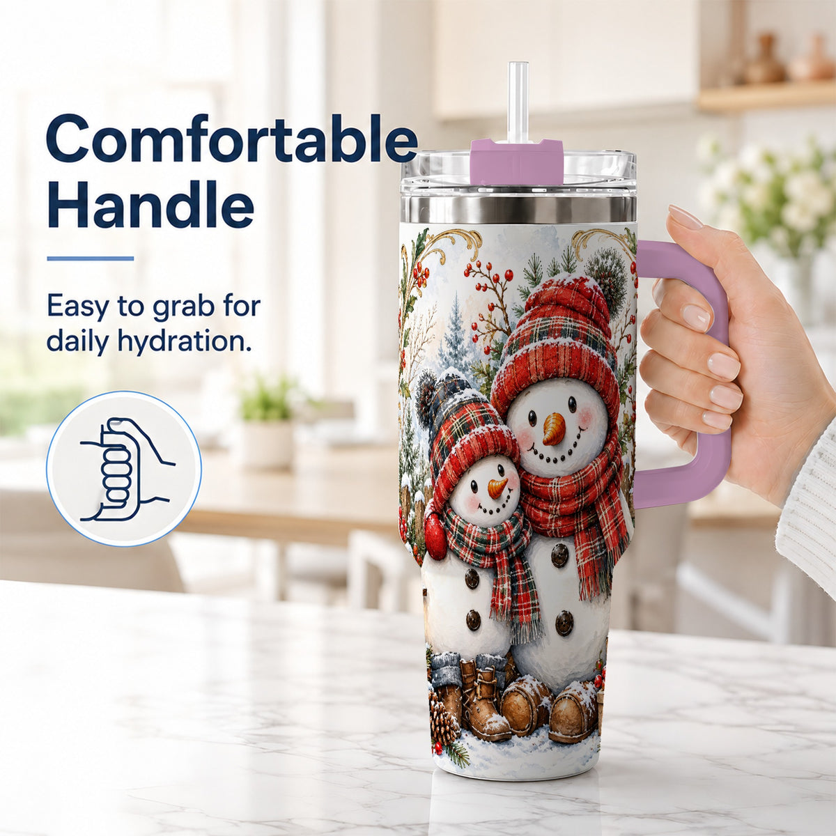 #pl[40oz|Pink] Snowman Family 40oz Tumbler, Rustic Winter Stainless Steel Travel Cup