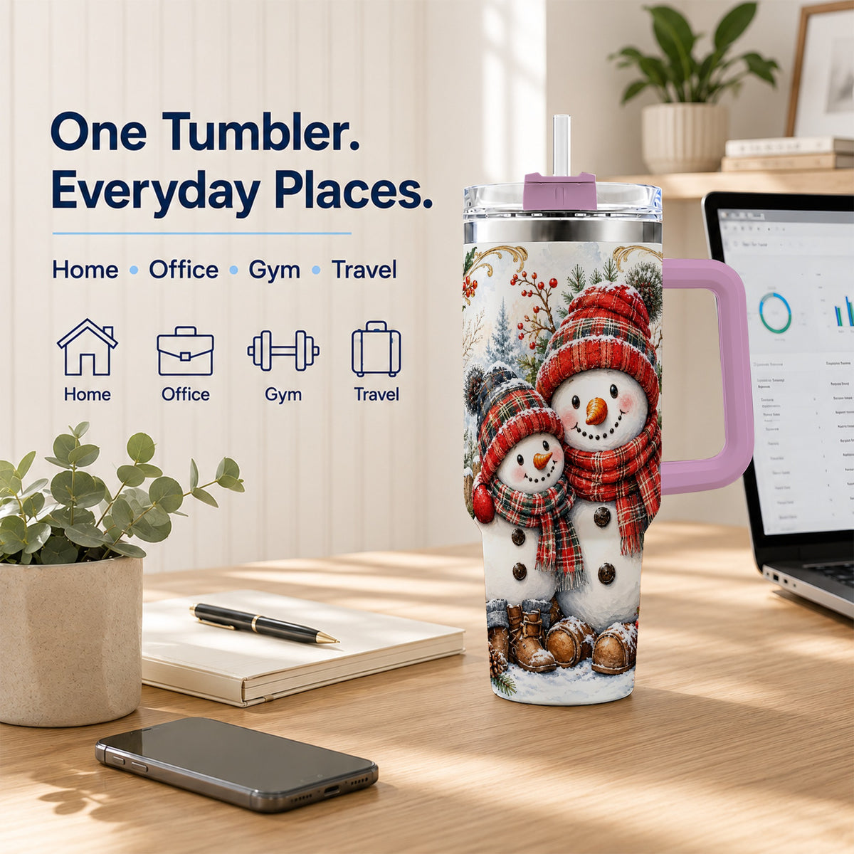 #pl[40oz|Pink] Snowman Family 40oz Tumbler, Rustic Winter Stainless Steel Travel Cup