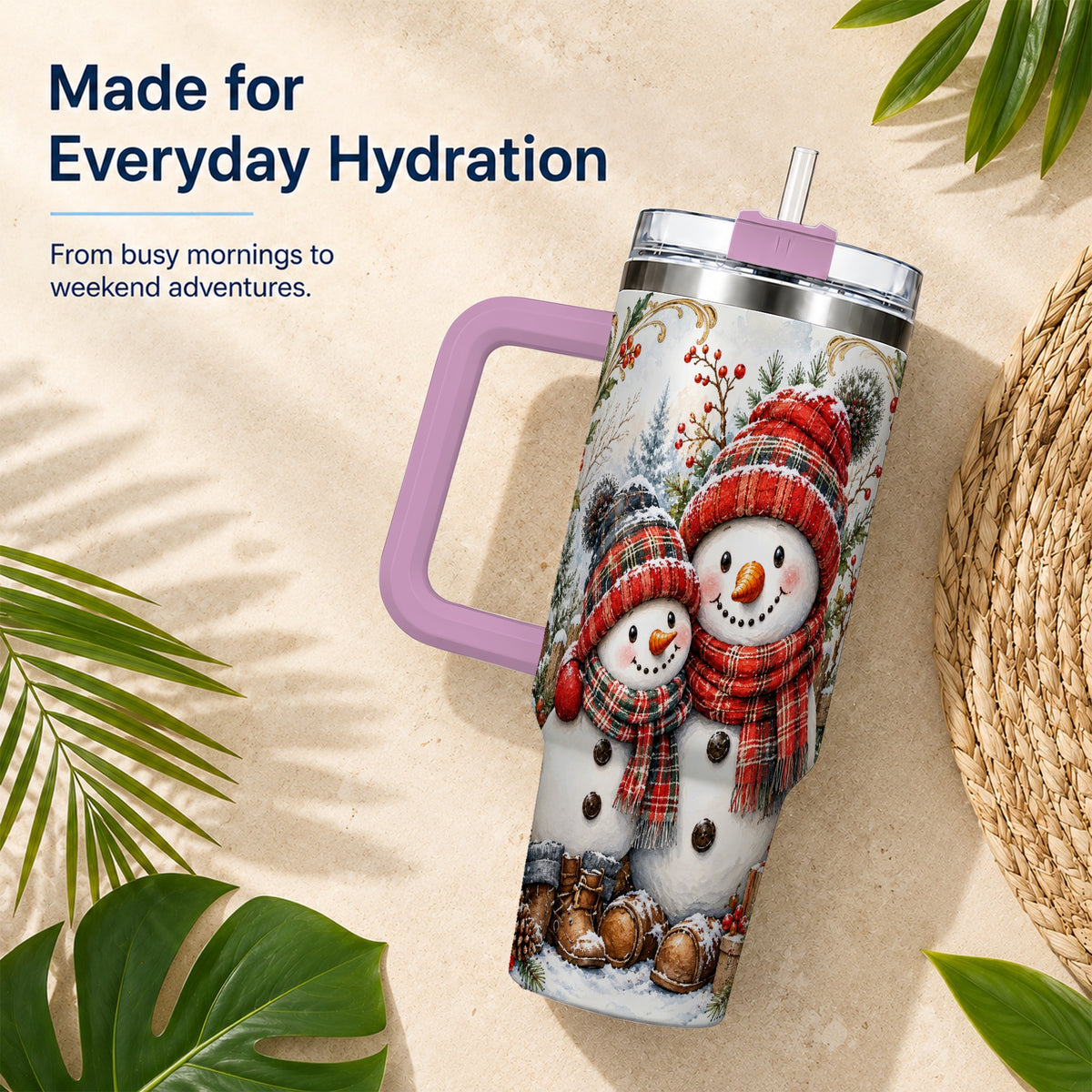 #pl[40oz|Pink] Snowman Family 40oz Tumbler, Rustic Winter Stainless Steel Travel Cup