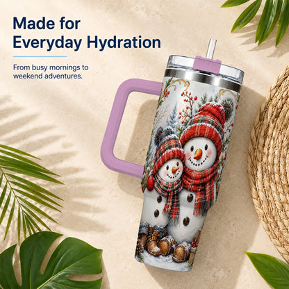 #pl[40oz|Pink] Snowman Family 40oz Tumbler, Rustic Winter Stainless Steel Travel Cup