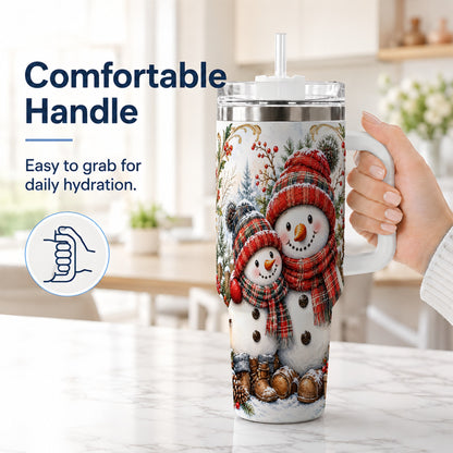 #pl[40oz|White] Snowman Family 40oz Tumbler, Rustic Winter Stainless Steel Travel Cup