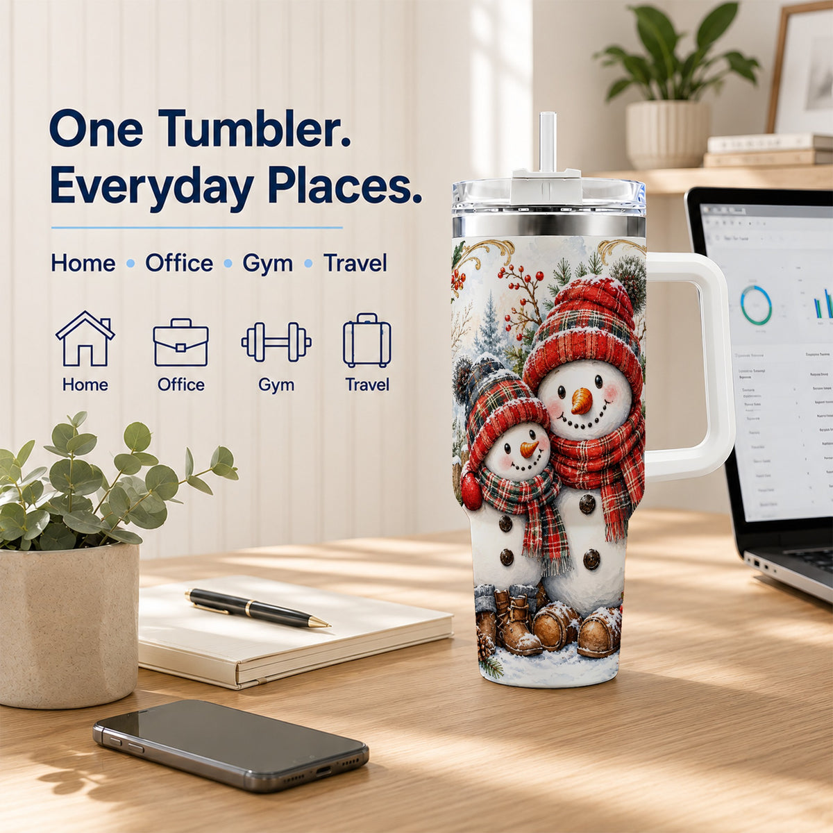 #pl[40oz|White] Snowman Family 40oz Tumbler, Rustic Winter Stainless Steel Travel Cup