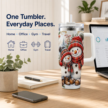 #pl[40oz|White] Snowman Family 40oz Tumbler, Rustic Winter Stainless Steel Travel Cup