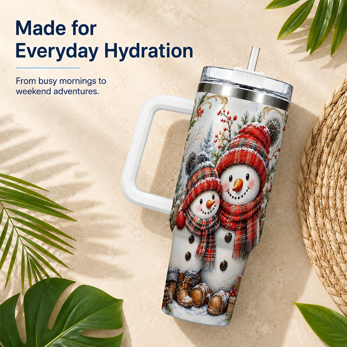 #pl[40oz|White] Snowman Family 40oz Tumbler, Rustic Winter Stainless Steel Travel Cup
