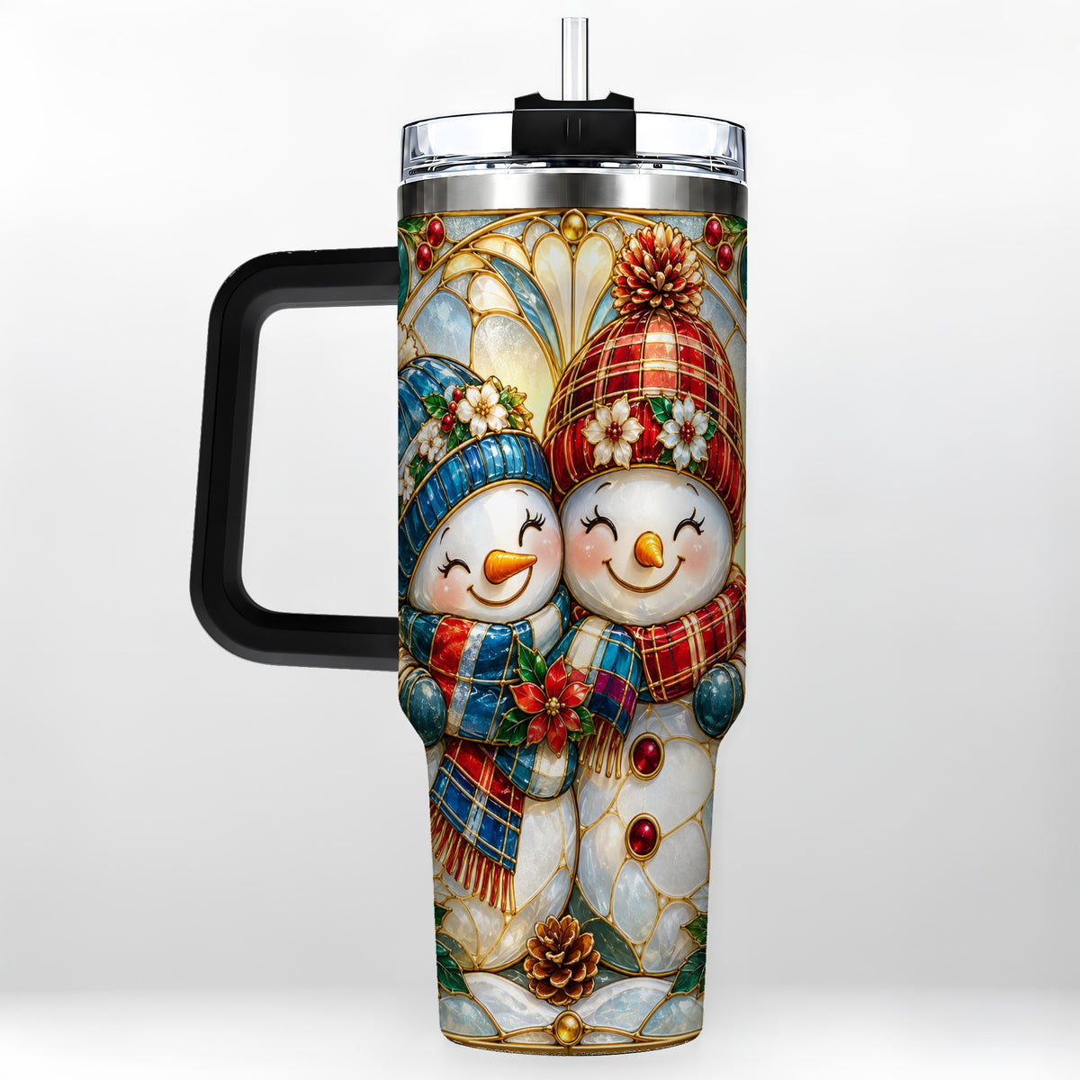 #pl[40oz|Black] Snowman Couple 40oz Tumbler, Floral Winter Stainless Steel Travel Cup