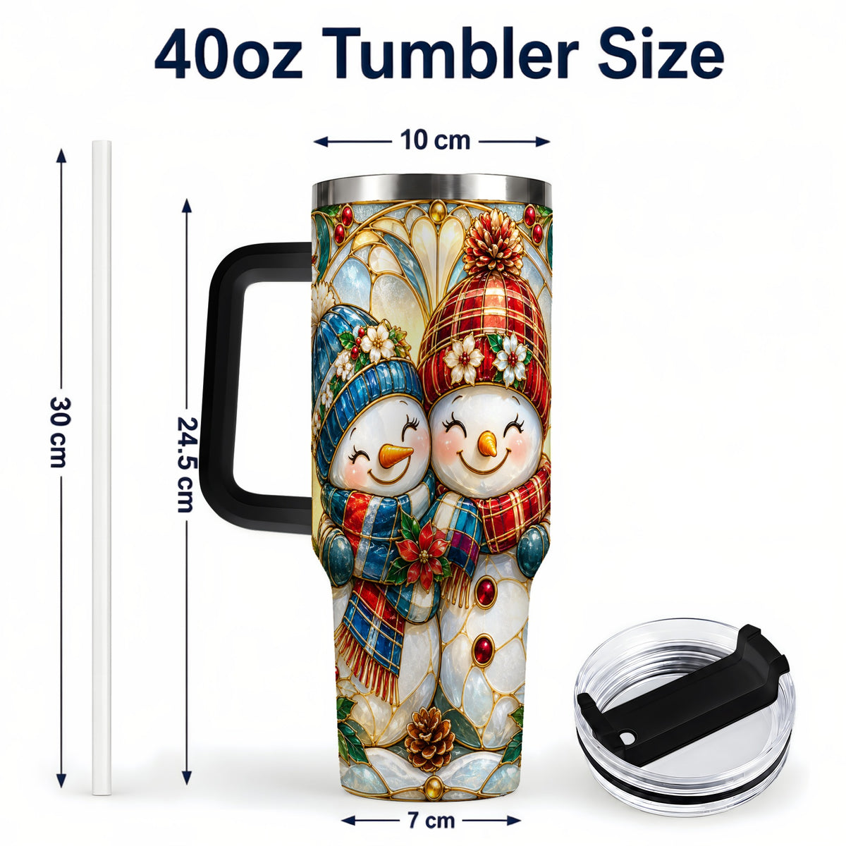 #pl[40oz|Black] Snowman Couple 40oz Tumbler, Floral Winter Stainless Steel Travel Cup
