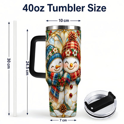 #pl[40oz|Black] Snowman Couple 40oz Tumbler, Floral Winter Stainless Steel Travel Cup