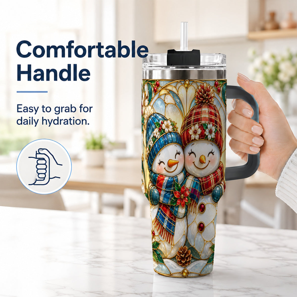 #pl[40oz|Black] Snowman Couple 40oz Tumbler, Floral Winter Stainless Steel Travel Cup