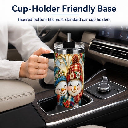 #pl[40oz|Black] Snowman Couple 40oz Tumbler, Floral Winter Stainless Steel Travel Cup