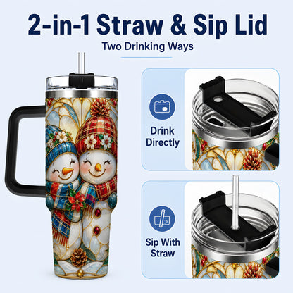 #pl[40oz|Black] Snowman Couple 40oz Tumbler, Floral Winter Stainless Steel Travel Cup