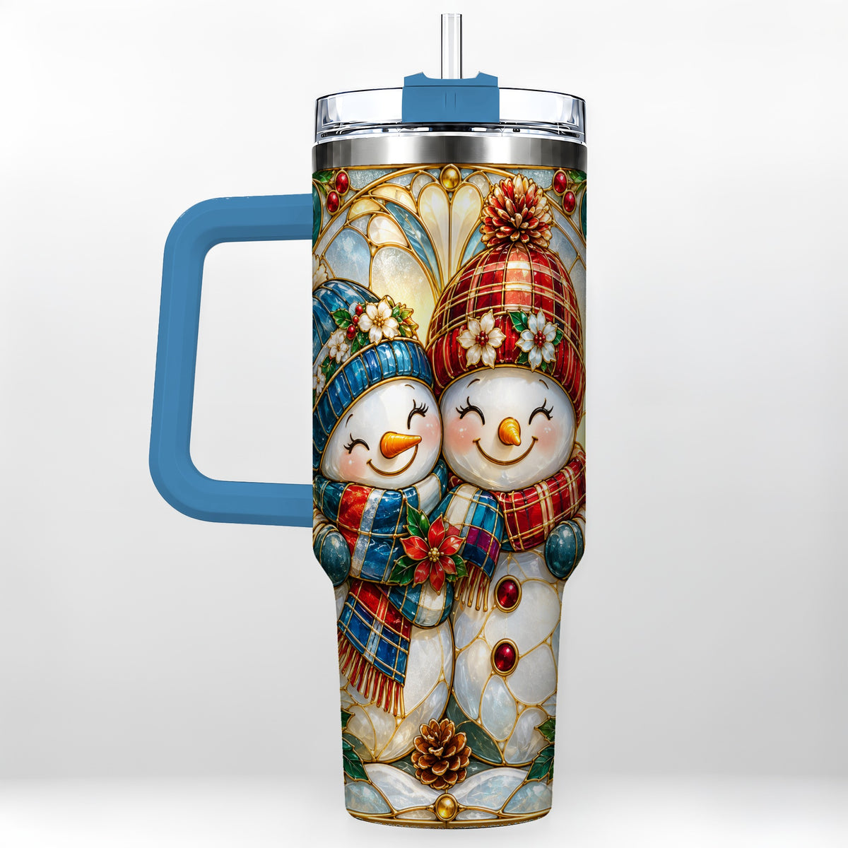 #pl[40oz|Blue] Snowman Couple 40oz Tumbler, Floral Winter Stainless Steel Travel Cup