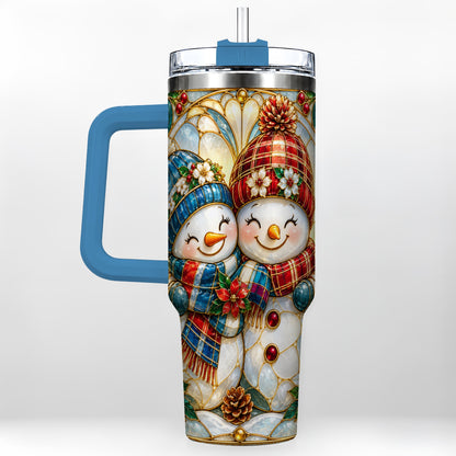 #pl[40oz|Blue] Snowman Couple 40oz Tumbler, Floral Winter Stainless Steel Travel Cup