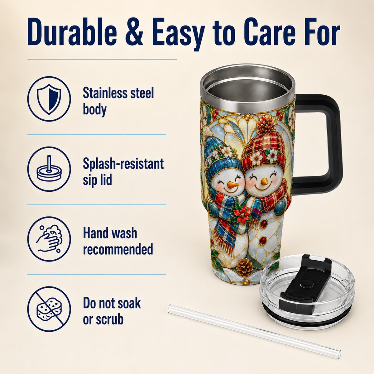 #pl[40oz|Black] Snowman Couple 40oz Tumbler, Floral Winter Stainless Steel Travel Cup