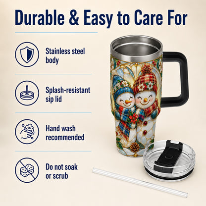 #pl[40oz|Black] Snowman Couple 40oz Tumbler, Floral Winter Stainless Steel Travel Cup