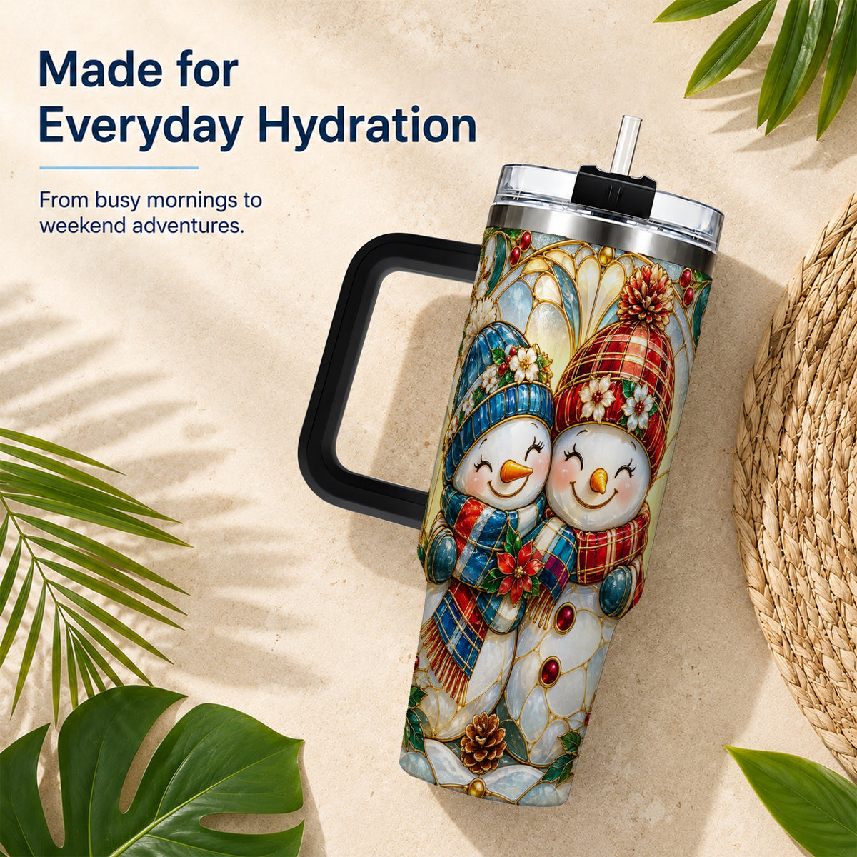 #pl[40oz|Black] Snowman Couple 40oz Tumbler, Floral Winter Stainless Steel Travel Cup