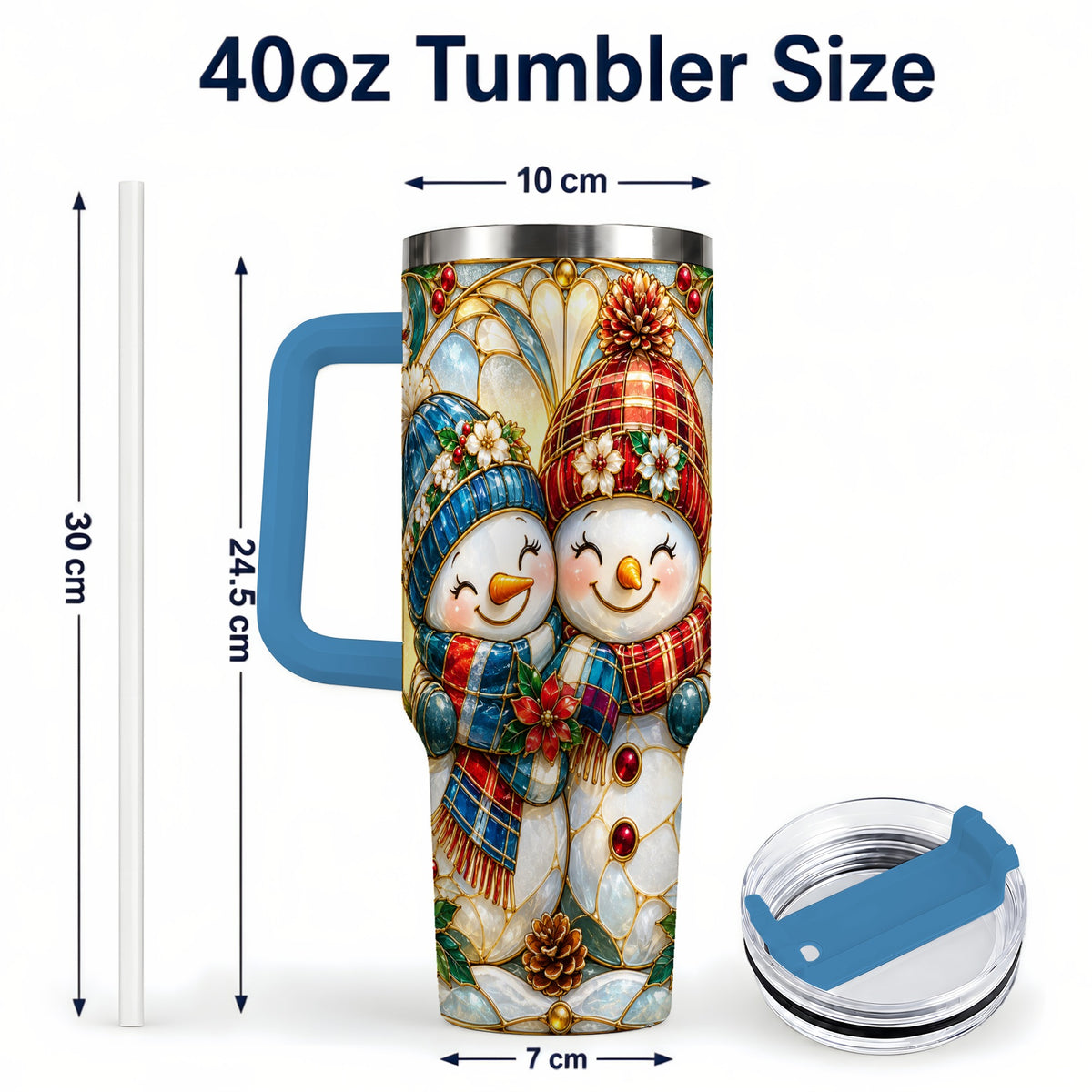 #pl[40oz|Blue] Snowman Couple 40oz Tumbler, Floral Winter Stainless Steel Travel Cup