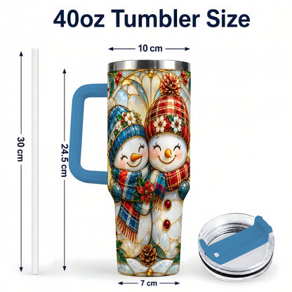 #pl[40oz|Blue] Snowman Couple 40oz Tumbler, Floral Winter Stainless Steel Travel Cup
