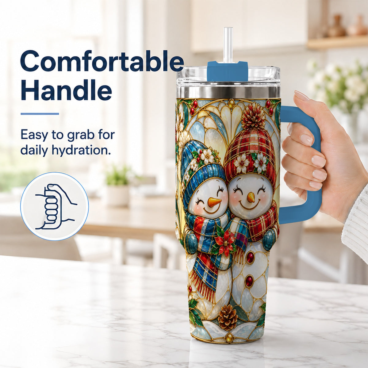 #pl[40oz|Blue] Snowman Couple 40oz Tumbler, Floral Winter Stainless Steel Travel Cup