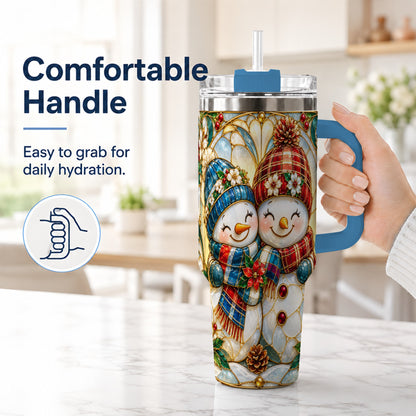 #pl[40oz|Blue] Snowman Couple 40oz Tumbler, Floral Winter Stainless Steel Travel Cup