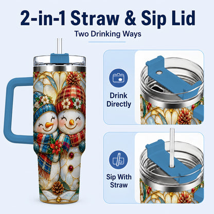 #pl[40oz|Blue] Snowman Couple 40oz Tumbler, Floral Winter Stainless Steel Travel Cup