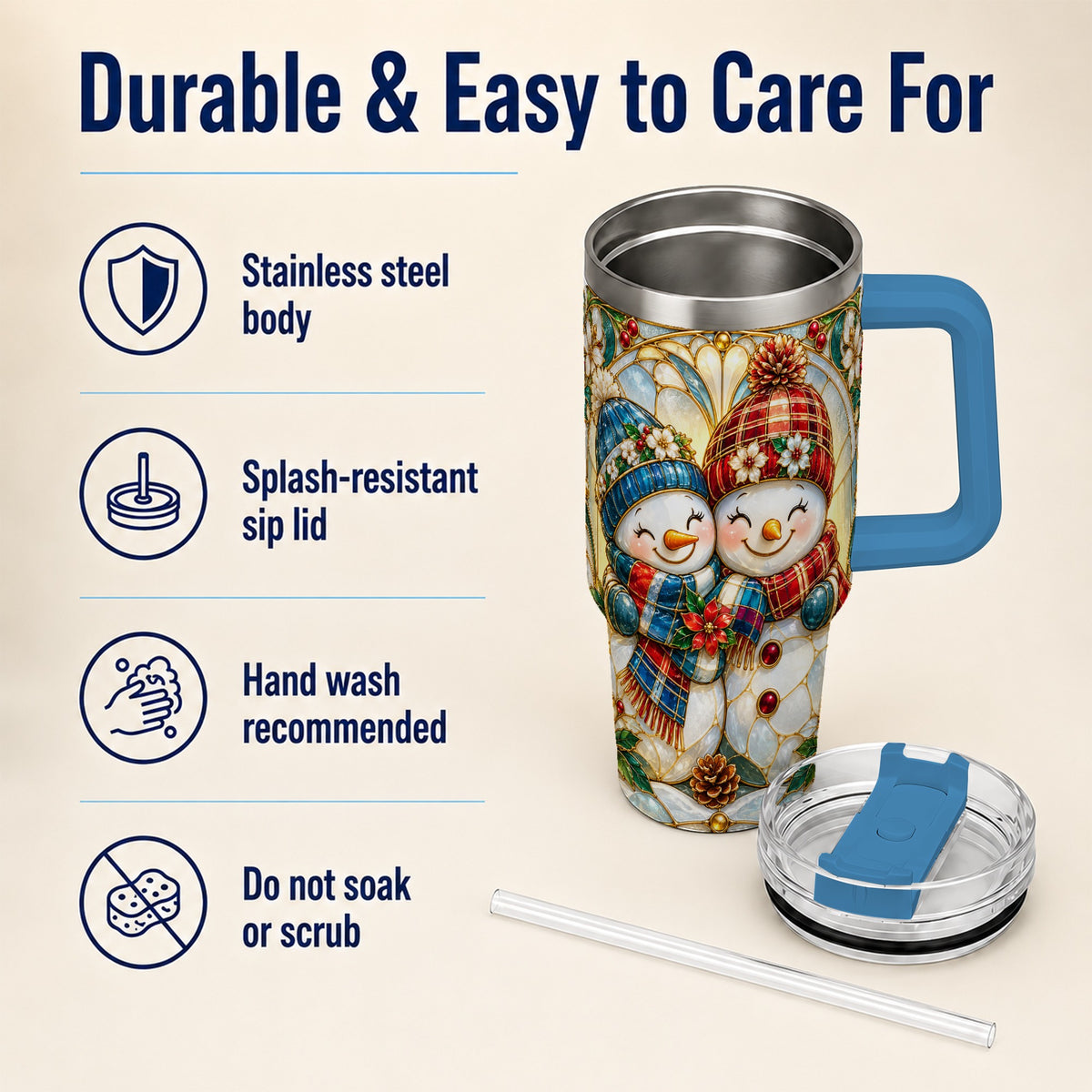 #pl[40oz|Blue] Snowman Couple 40oz Tumbler, Floral Winter Stainless Steel Travel Cup