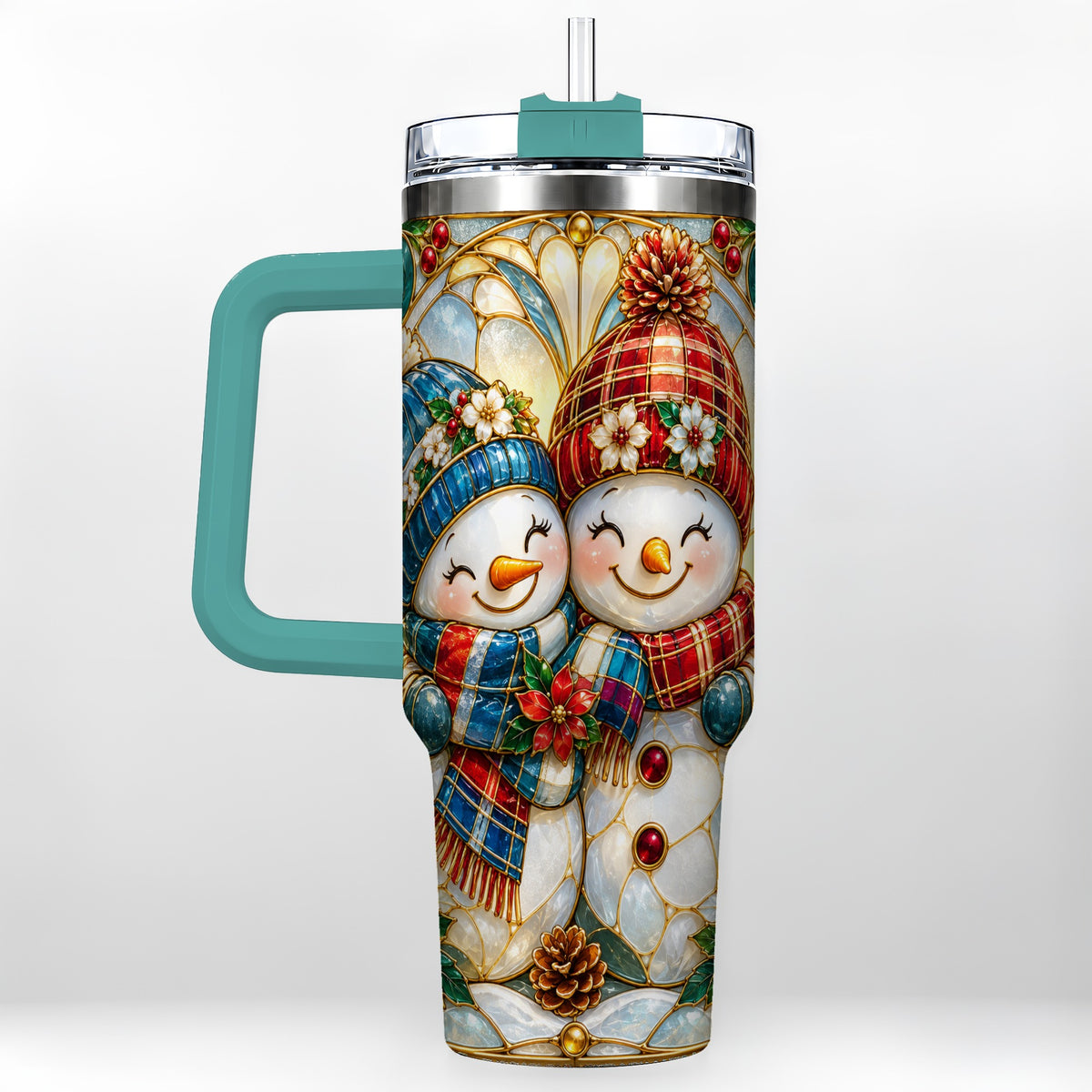 #pl[40oz|Green] Snowman Couple 40oz Tumbler, Floral Winter Stainless Steel Travel Cup