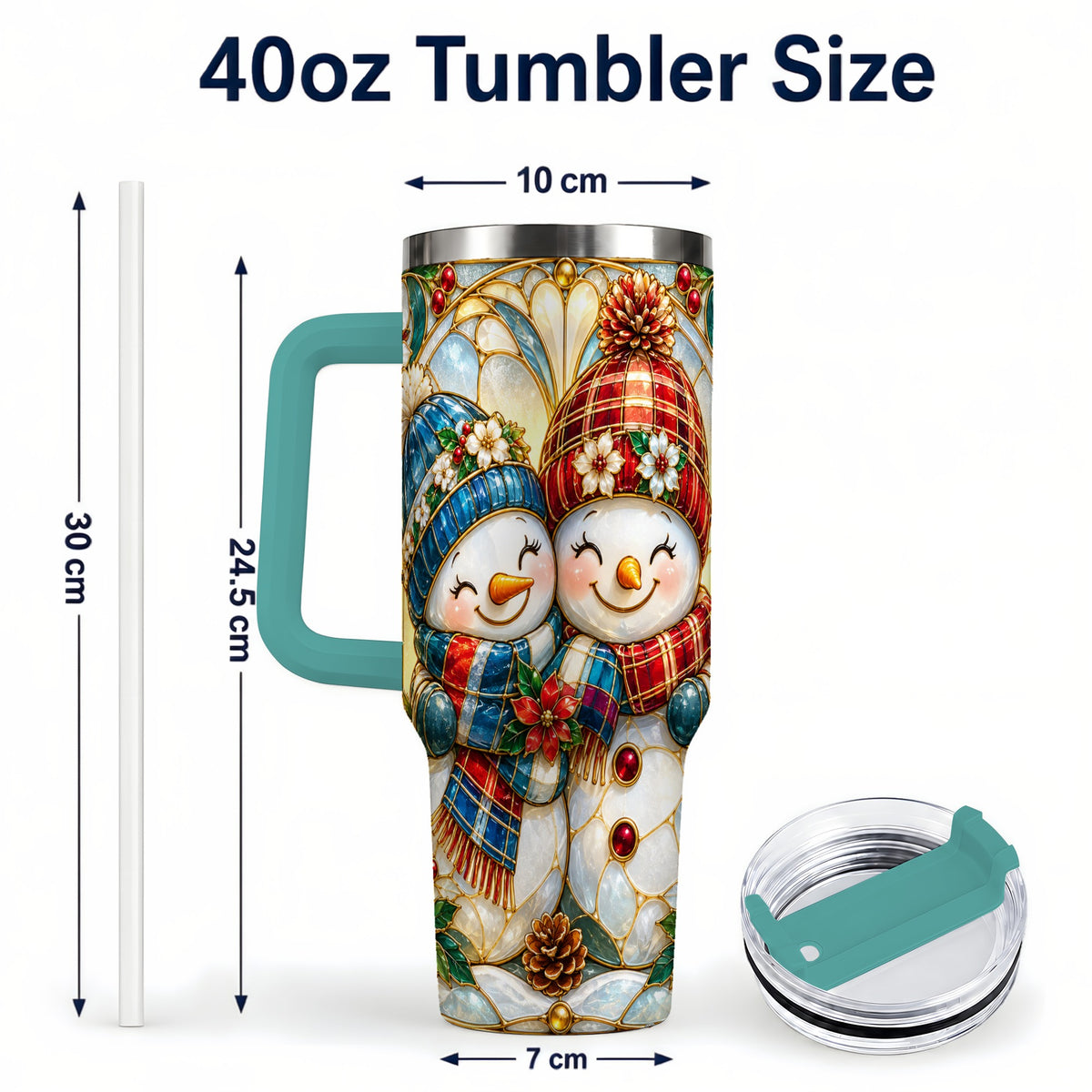 #pl[40oz|Green] Snowman Couple 40oz Tumbler, Floral Winter Stainless Steel Travel Cup