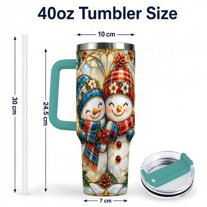 #pl[40oz|Green] Snowman Couple 40oz Tumbler, Floral Winter Stainless Steel Travel Cup