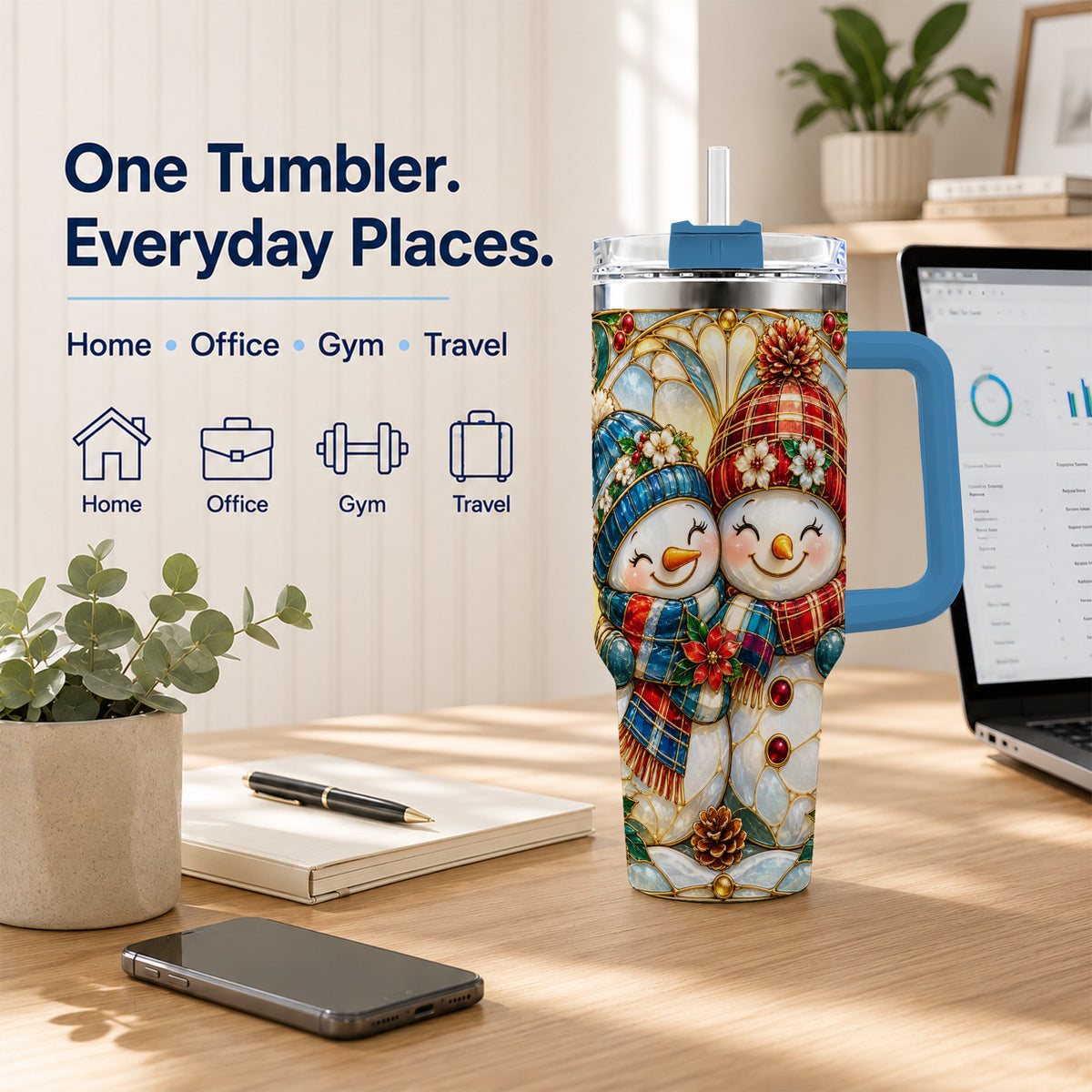 #pl[40oz|Blue] Snowman Couple 40oz Tumbler, Floral Winter Stainless Steel Travel Cup