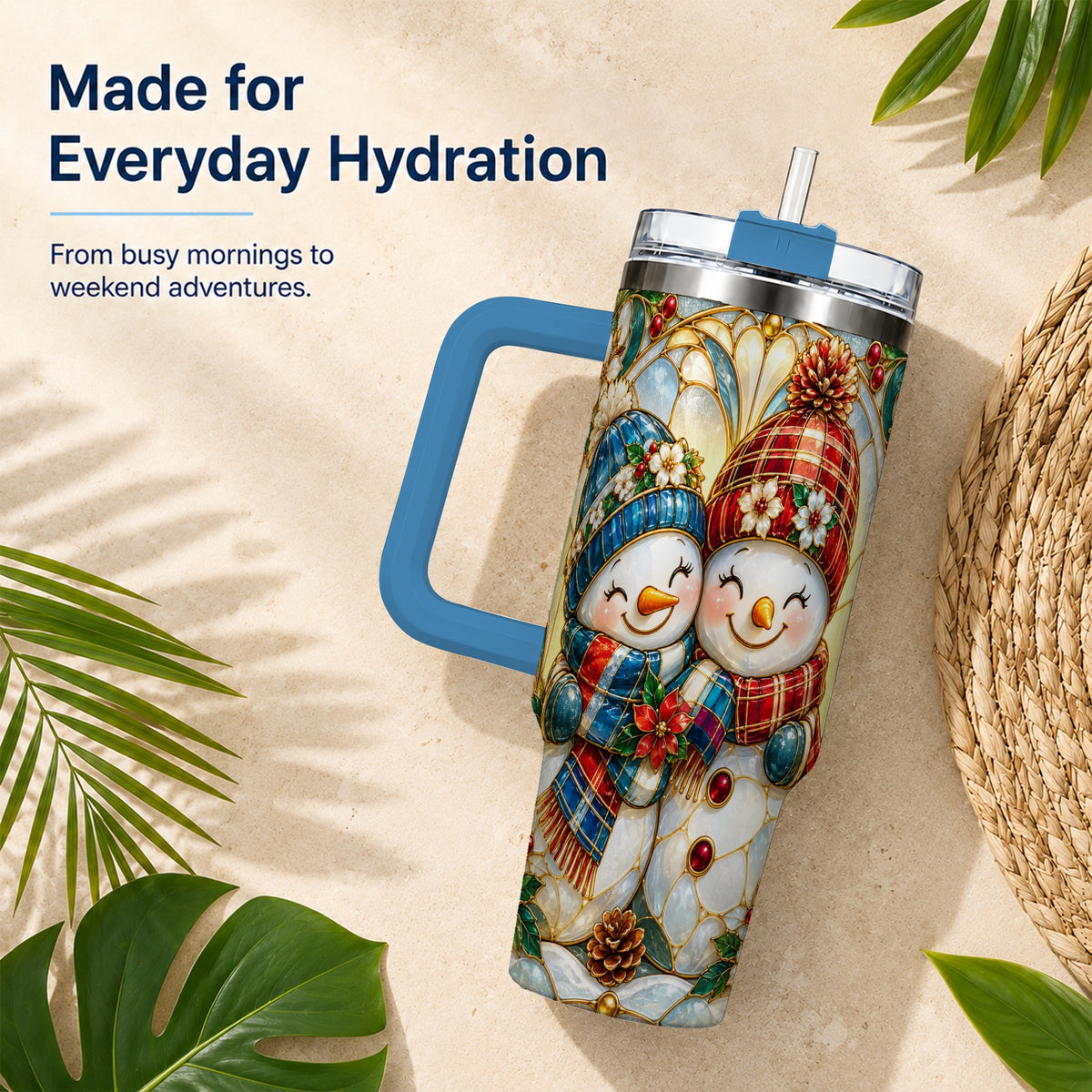 #pl[40oz|Blue] Snowman Couple 40oz Tumbler, Floral Winter Stainless Steel Travel Cup