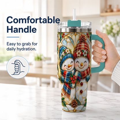 #pl[40oz|Green] Snowman Couple 40oz Tumbler, Floral Winter Stainless Steel Travel Cup