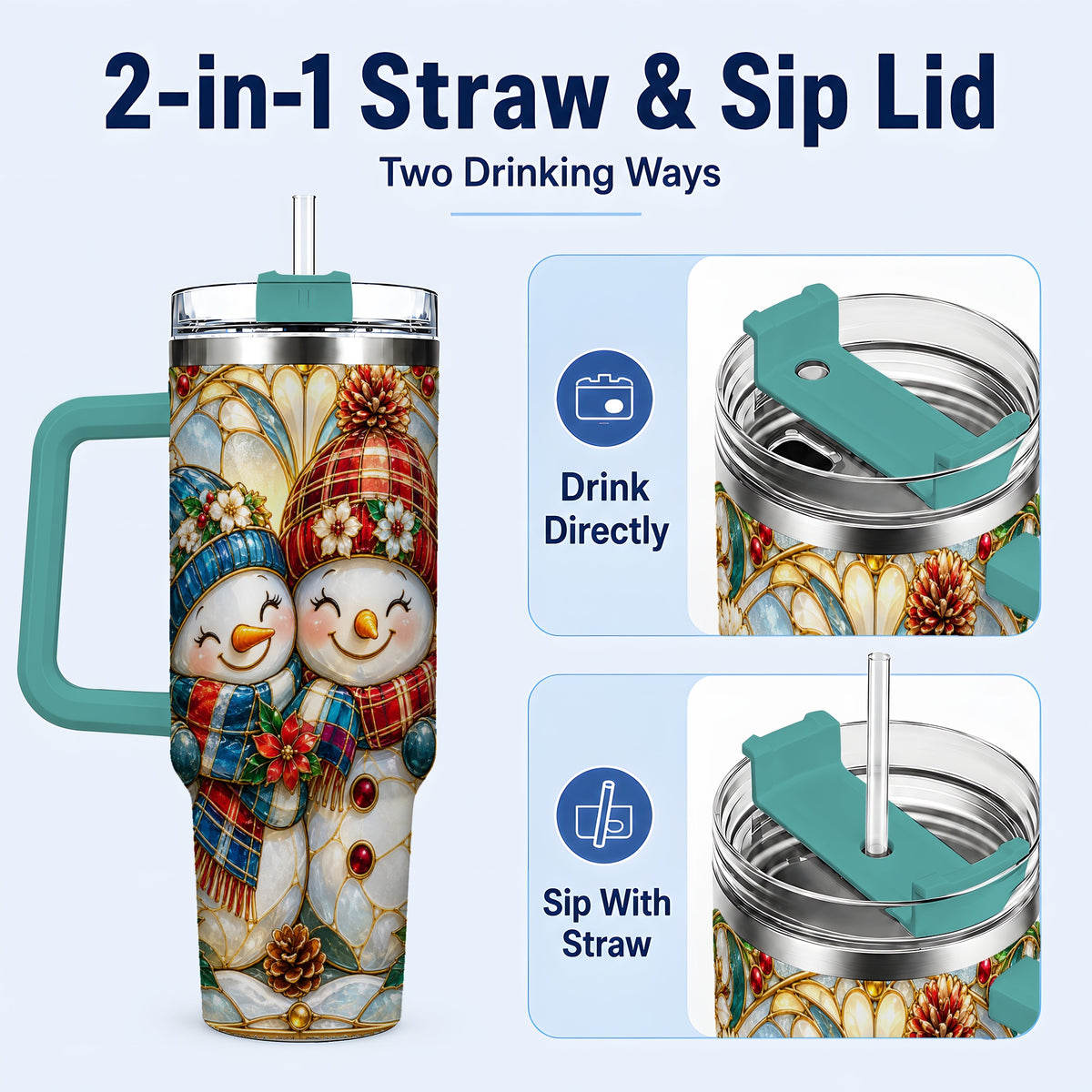 #pl[40oz|Green] Snowman Couple 40oz Tumbler, Floral Winter Stainless Steel Travel Cup