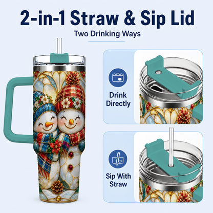 #pl[40oz|Green] Snowman Couple 40oz Tumbler, Floral Winter Stainless Steel Travel Cup