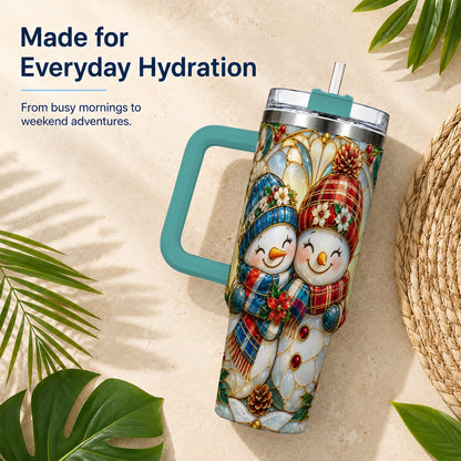 #pl[40oz|Green] Snowman Couple 40oz Tumbler, Floral Winter Stainless Steel Travel Cup