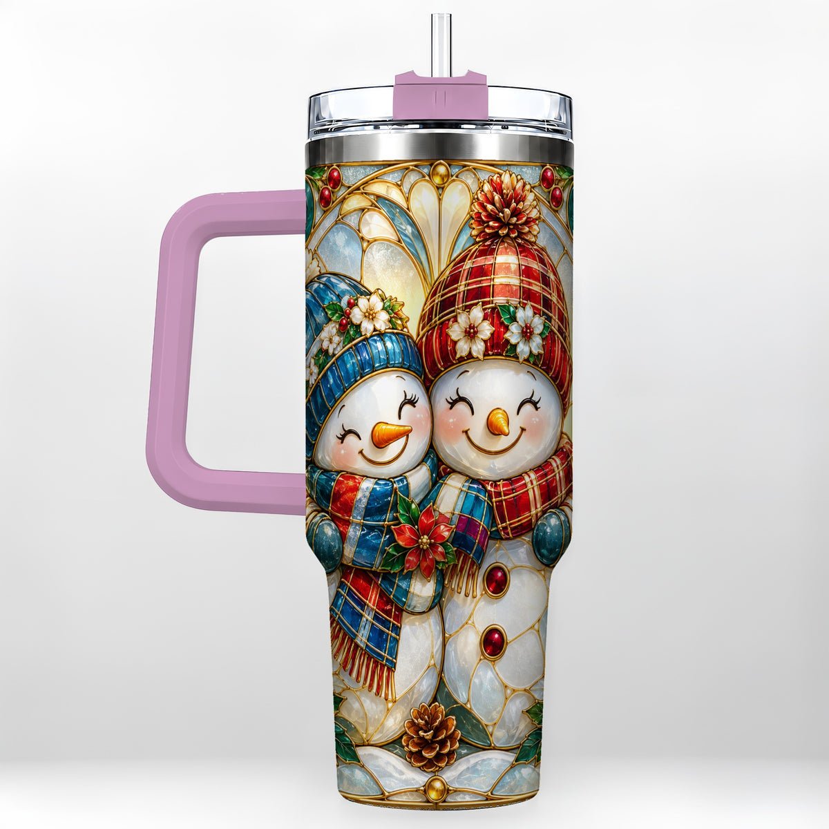 #pl[40oz|Pink] Snowman Couple 40oz Tumbler, Floral Winter Stainless Steel Travel Cup